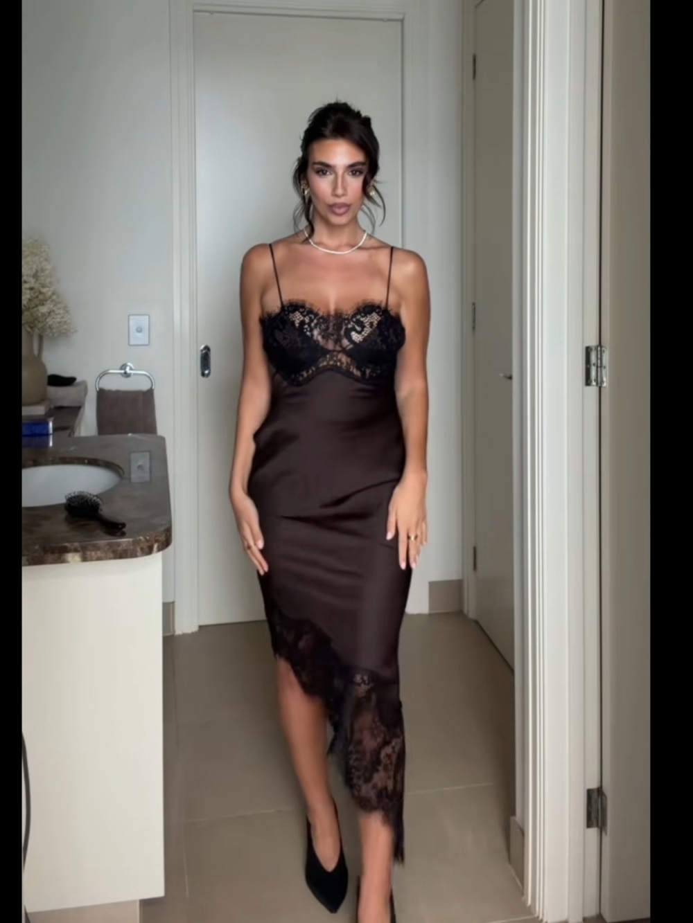 Zara ASYMMETRIC SATIN LACE DRESS Brown Black Size XS S NWT - Picture 14 of 16